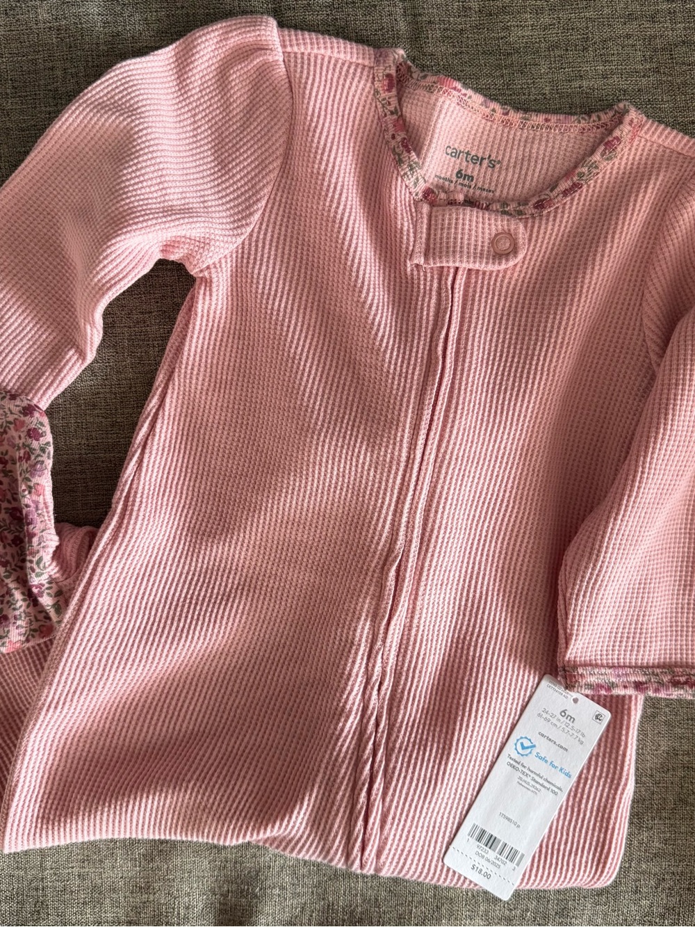 Carter's Light Pink Ribbed Zipper Baby Sleeper with Floral Trim size 6 months